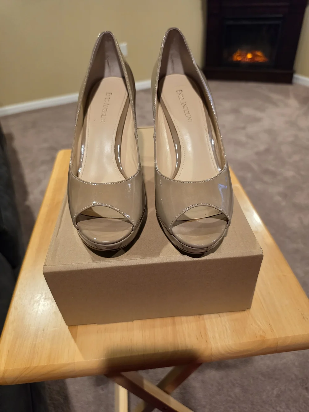 Enzo Angiolini Taupe Patent Peep-Toe Heels
